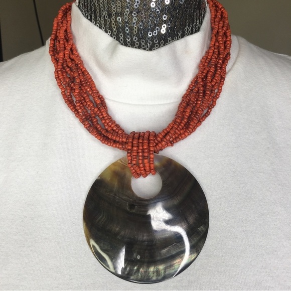 Vintage Abalone Shell & Red Seed Bead Necklace Artisan Multi-Strand Tropical - Picture 1 of 7